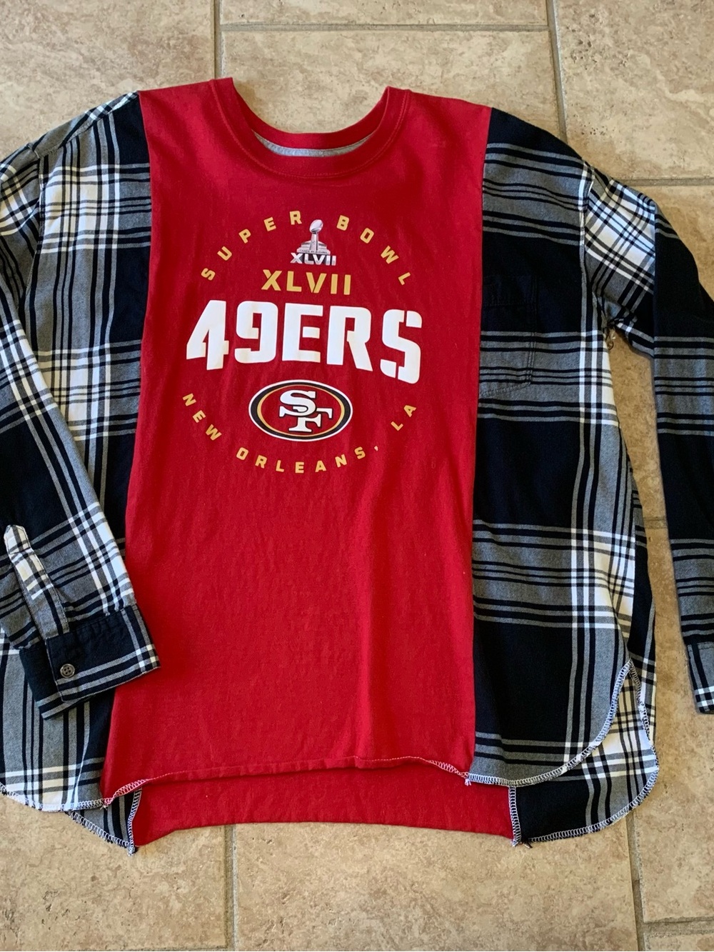 49ERS Plaid-Sleeve Flannel Tee Upcycled